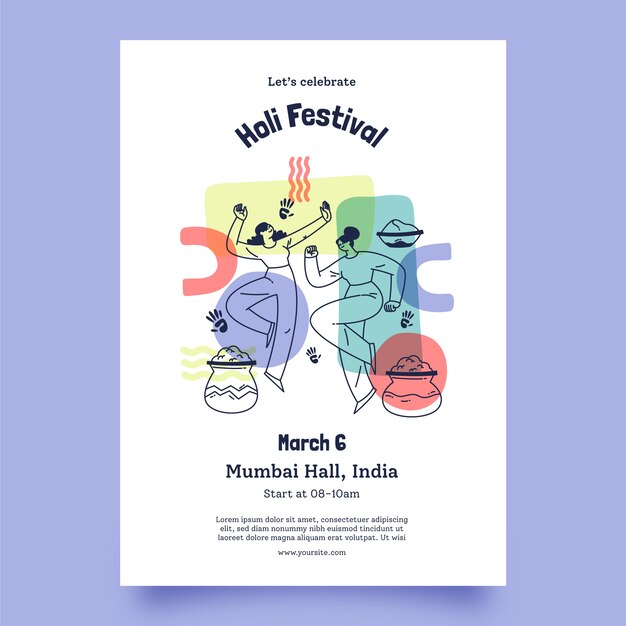 Flache Plakatvorlage für die Feier des Holi-Festivals