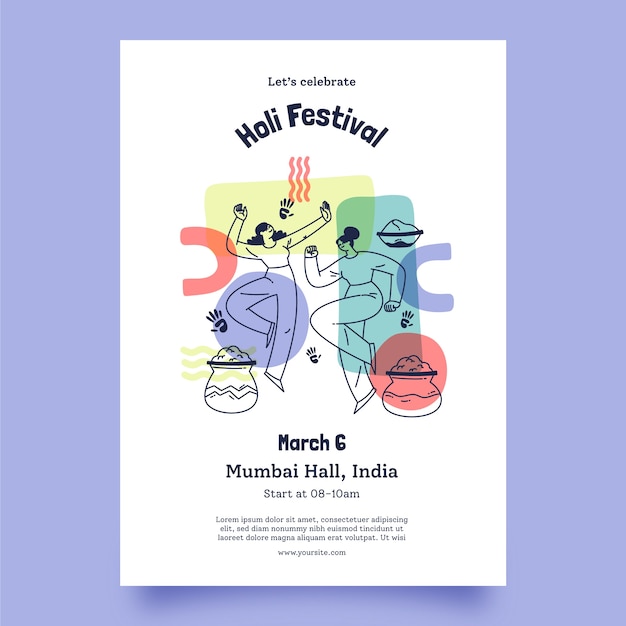 Flache Plakatvorlage für die Feier des Holi-Festivals
