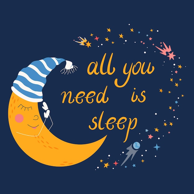 Flache postkarte der guten nacht mit karikaturmond in schlafender hutvektorillustration