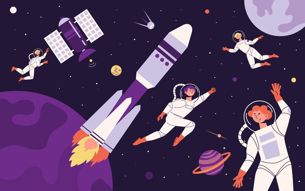 Flache Raumkomposition abstrakte Situation Astronauten befinden sich in der Schwerelosigkeit im Weltraum und um sie herum Satelliten, Raumstationen und Planeten