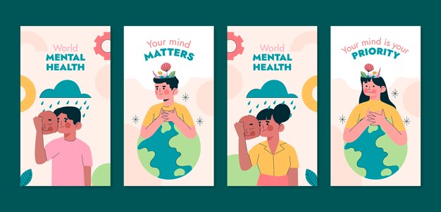 Flache Sammlung von Instagram-Geschichten zur Sensibilisierung für den Welttag der psychischen Gesundheit