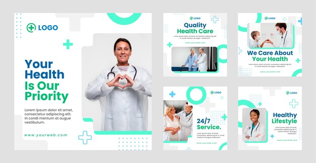 Flache Sammlung von Instagram-Posts für Krankenhäuser und das Gesundheitswesen