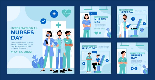 Flache Sammlung von Instagram-Posts zum Internationalen Tag der Krankenschwestern