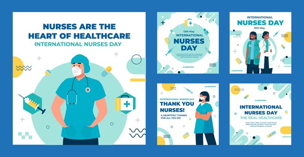 Flache Sammlung von Instagram-Posts zum Internationalen Tag der Krankenschwestern