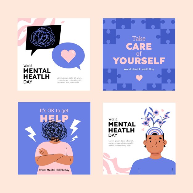 Flache Sammlung von Instagram-Posts zum Welttag der psychischen Gesundheit