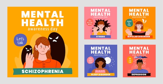 Flache Sammlung von Instagram-Posts zum Welttag der psychischen Gesundheit