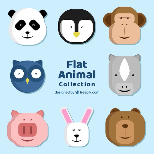 Flache sammlung von lustigen tiergesichtern