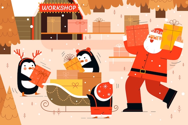 Flache santa-workshop-illustration