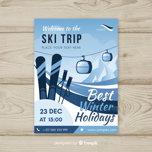 Kostenloser Vektor flache seilbahn ski reise poster vorlage