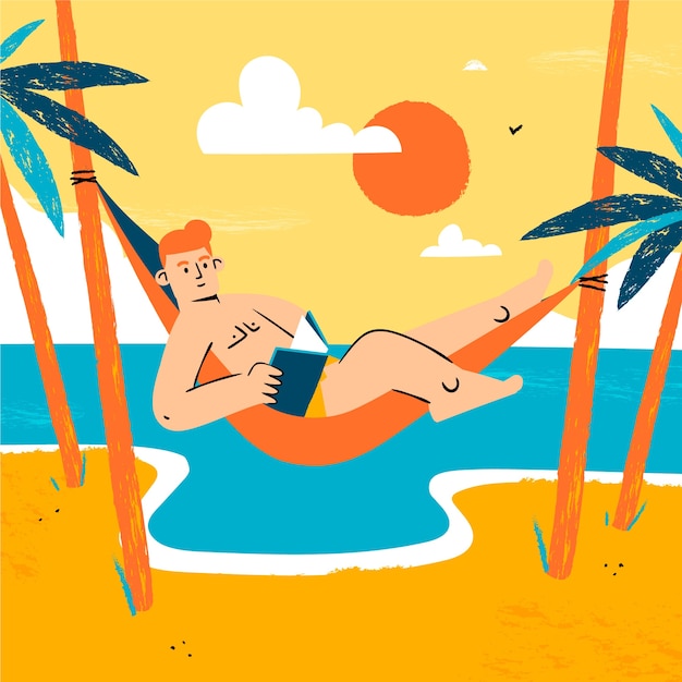 Flache Sommerlesebuchillustration mit Mann in der Hängematte am Strand