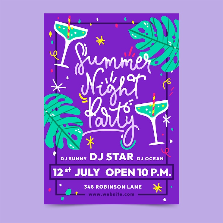 Kostenlose Vektor flache sommernachtsparty-plakatschablone mit cocktails und blättern