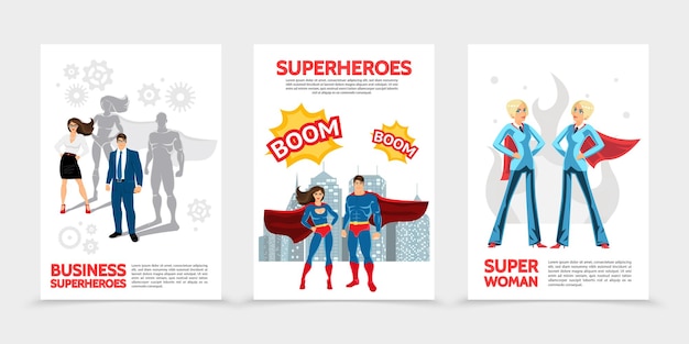 Kostenloser Vektor flache superhelden-charakterplakate mit superhelden in kostümen und umhang-sprechblasen