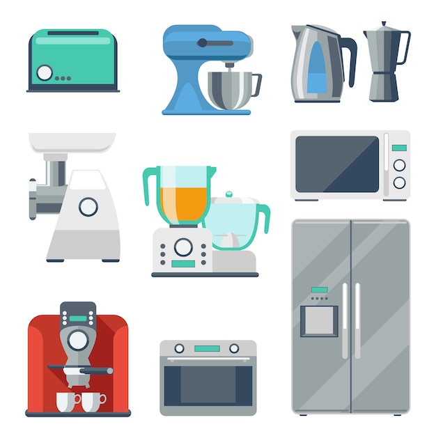 Flache symbole der kochausrüstung eingestellt. toaster und herd, wasserkocher und mixer, kühlschrank und mühle, mixerobjekt.