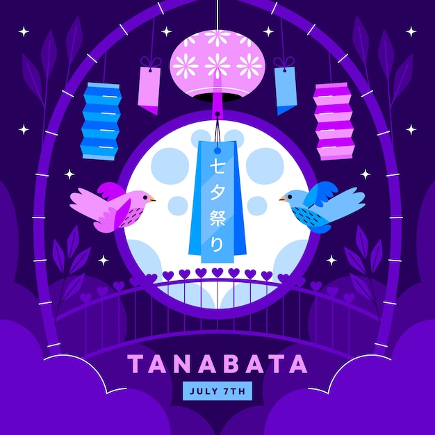 Flache Tanabata-Illustration mit Brücke und Vögeln
