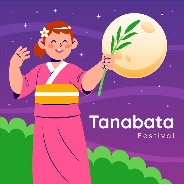 Flache Tanabata-Illustration mit Frau und Vollmond