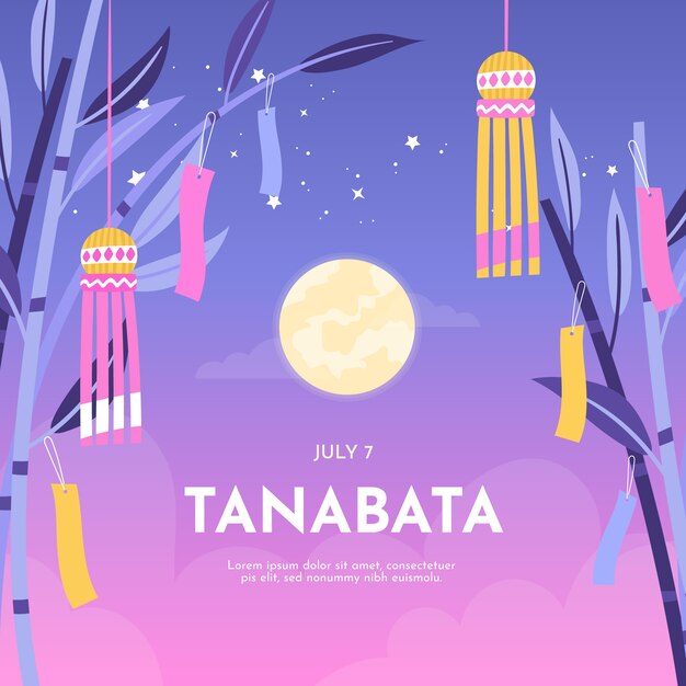 Flache Tanabata-Illustration mit Ornamenten und Vollmond