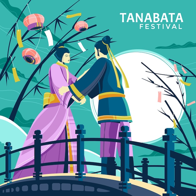 Flache Tanabata-Illustration mit Paar auf Brücke