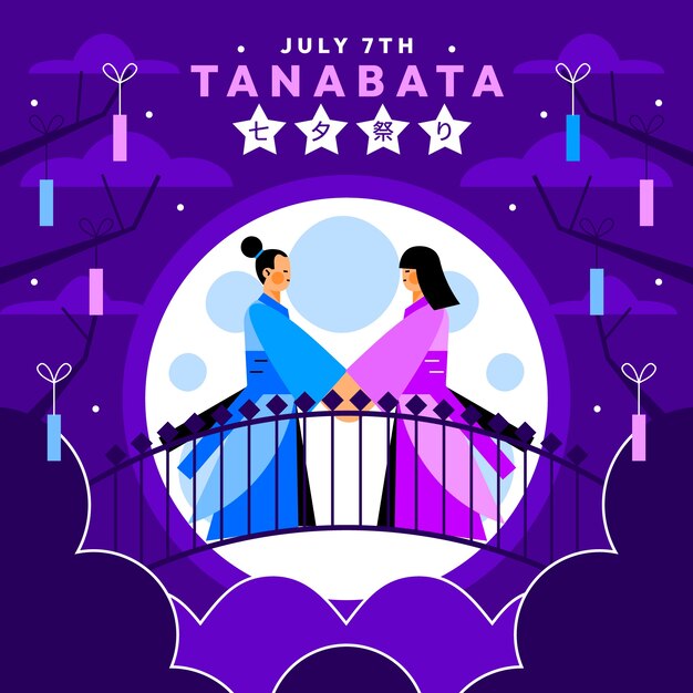Flache Tanabata-Illustration mit Paar und Vollmond auf Brücke