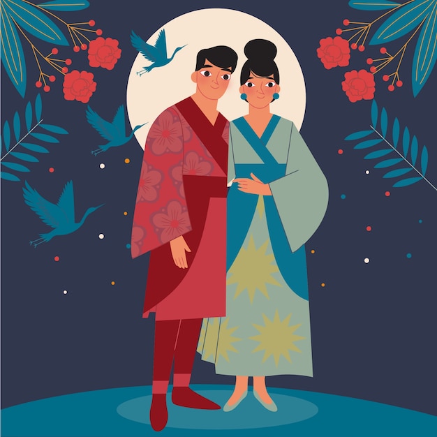 Flache tanabata-illustration mit paar