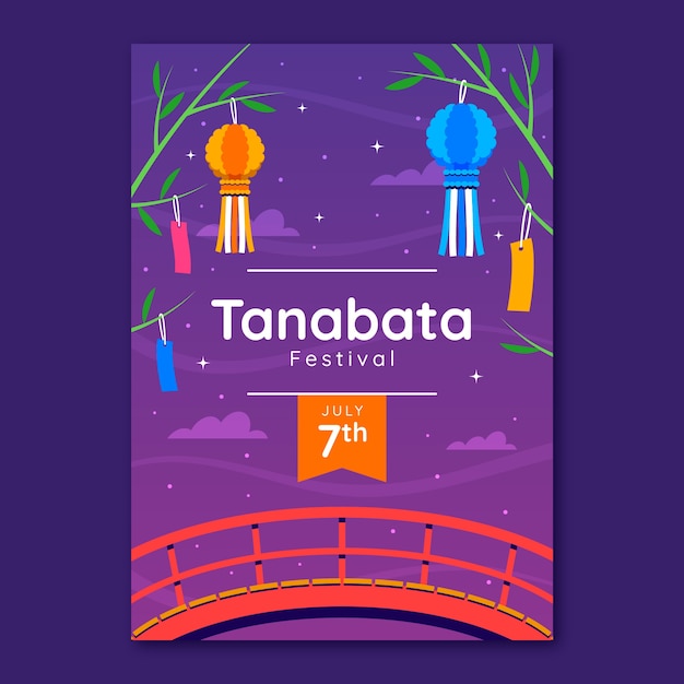 Flache Tanabata-Plakatschablone mit Brücke