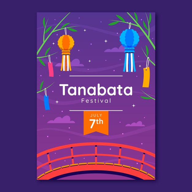 Flache Tanabata-Plakatschablone mit Brücke