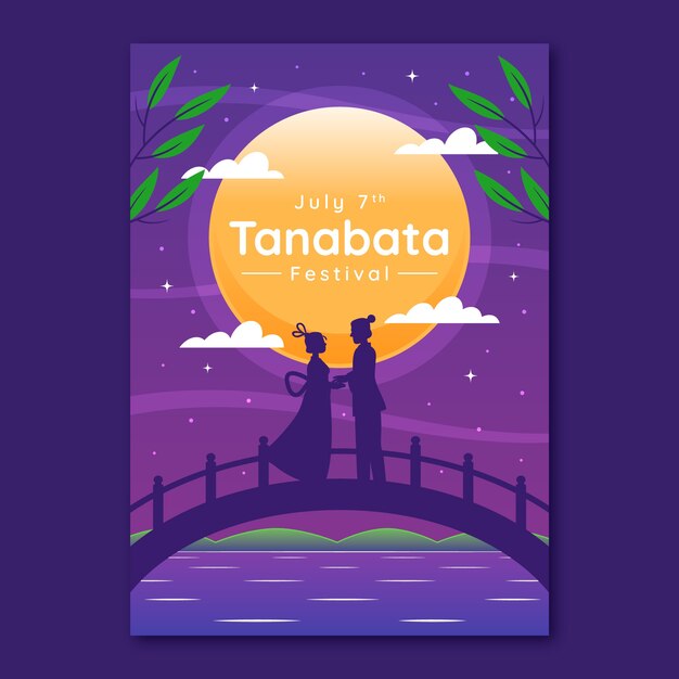 Flache Tanabata-Plakatvorlage mit Paar auf Brücke bei Vollmond