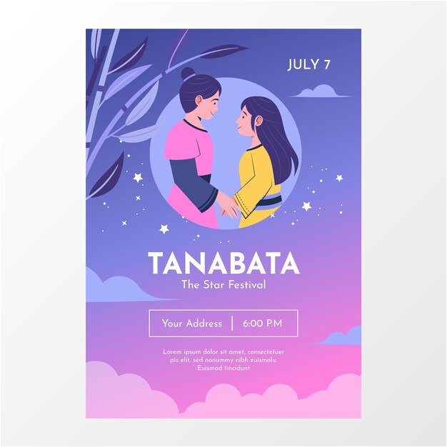 Flache Tanabata-vertikale Plakatschablone mit Paar