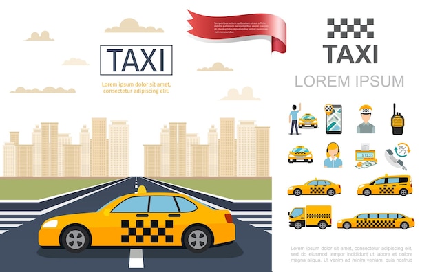 Kostenloser Vektor flache taxiservicezusammensetzung mit taxifahrer auf straßenpassagierfahrerfahrerzählergeldfunkgerät mobil verschiedene illustration der autos