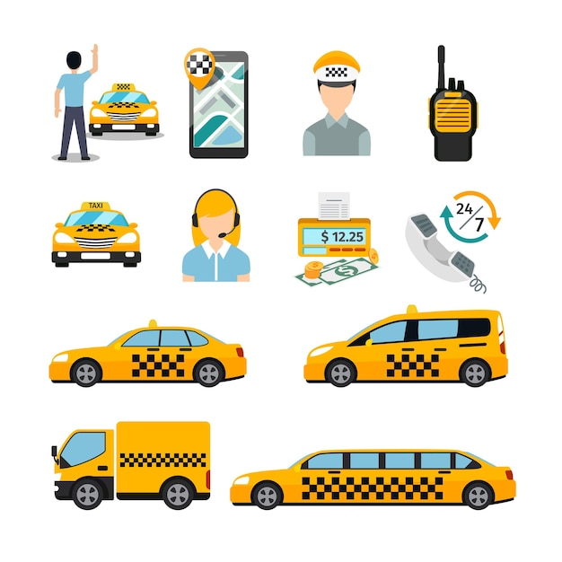 Flache Taxisymbole. Transport-Service. Fahrerhaus und Fahrzeug, Autoverkehrsgeschäft.