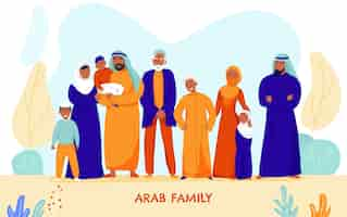 Kostenloser Vektor flache und farbige araber große familienillustration