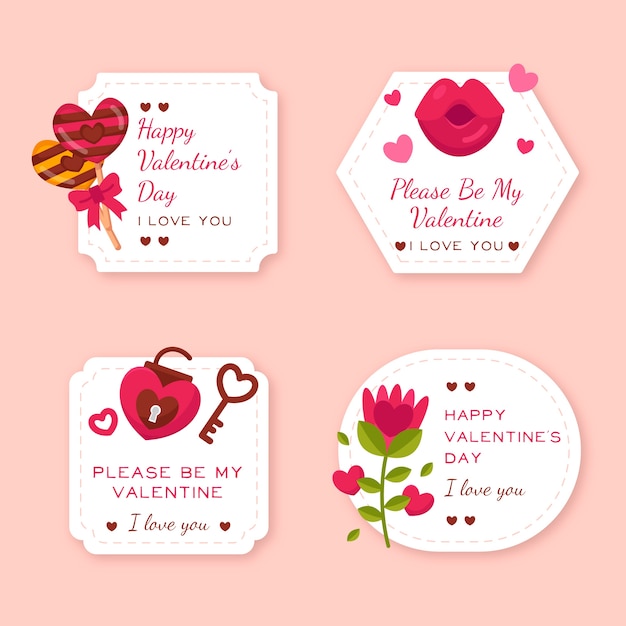 Flache valentinstag label / badge pack