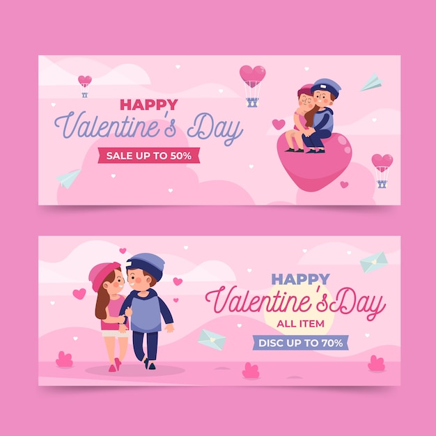 Flache valentinstag verkauf horizontale banner eingestellt