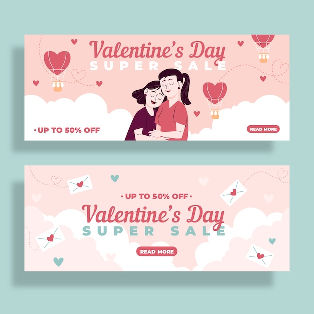 Kostenloser Vektor flache valentinstag verkauf horizontale banner eingestellt