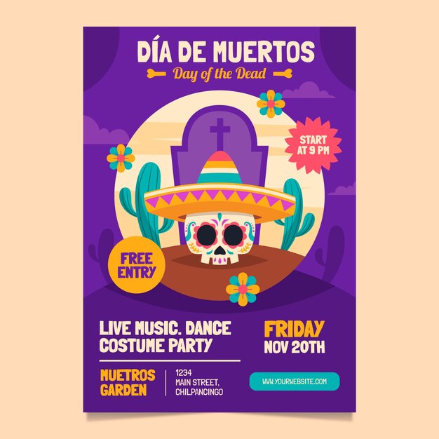 Flache vertikale flyer-vorlage dia de muertos feier