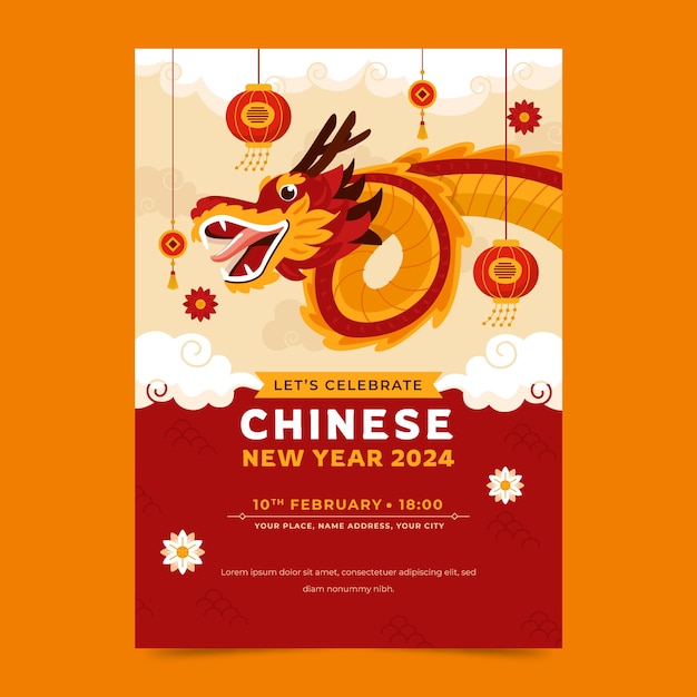 Flache vertikale flyer-vorlage für das chinesische neujahrsfest