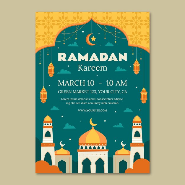 Flache vertikale Flyer-Vorlage für die islamische Ramadan-Feier.
