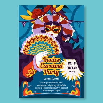 Flache vertikale plakatvorlage für den karneval in venedig