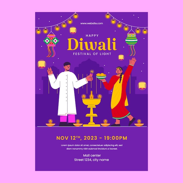 Flache vertikale plakatvorlage für die feier des diwali-festes