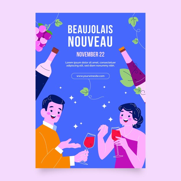 Flache vertikale Plakatvorlage für die Feier des französischen Weinfestivals Beaujolais Nouveau