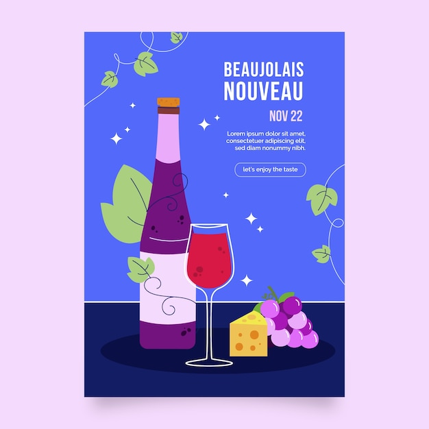 Flache vertikale Plakatvorlage für die Feier des französischen Weinfestivals Beaujolais Nouveau