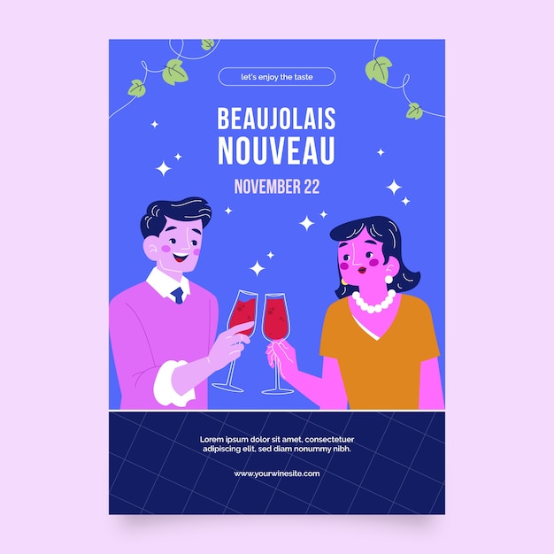 Flache vertikale Plakatvorlage für die Feier des französischen Weinfestivals Beaujolais Nouveau