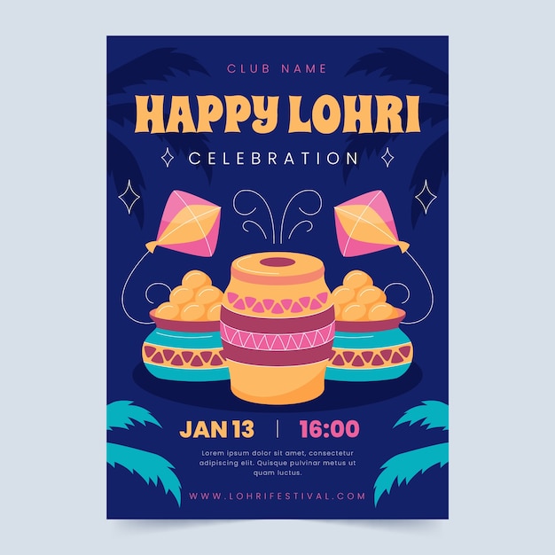 Kostenloser Vektor flache vertikale plakatvorlage für die feier des lohri-festes mit trommel und drachen