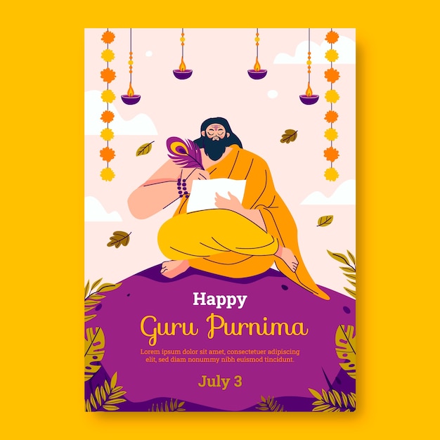 Flache vertikale plakatvorlage für die guru purnima-feier