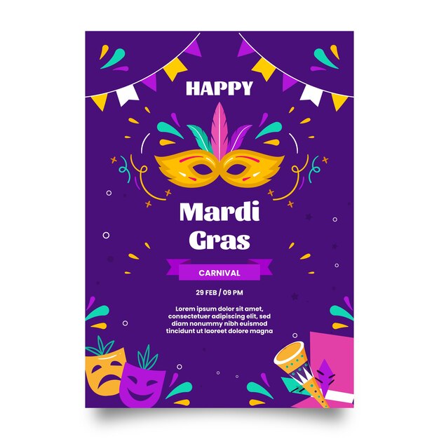 Flache vertikale Plakatvorlage für Karneval
