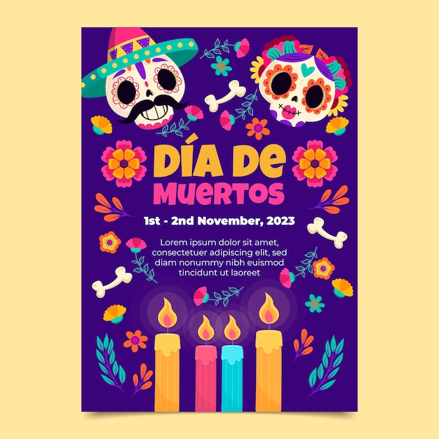 Flache vertikale Postervorlage für die Feier des Dia de Muertos