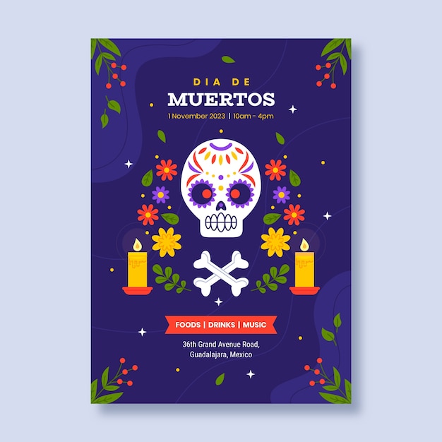 Kostenloser Vektor flache vertikale postervorlage für die feier des dia de muertos