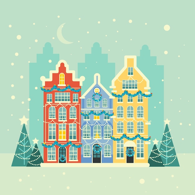 Kostenloser Vektor flache weihnachtsstadt hintergrund