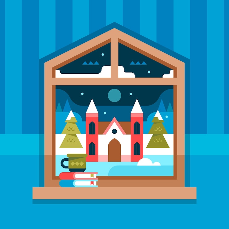 Kostenlose Vektor flache winterfensterillustration