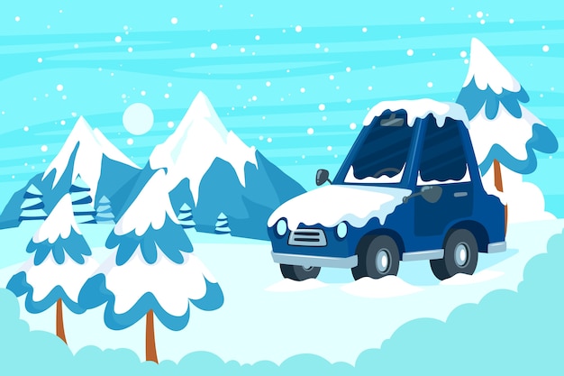 Kostenloser Vektor flache winterschnee-autoillustration