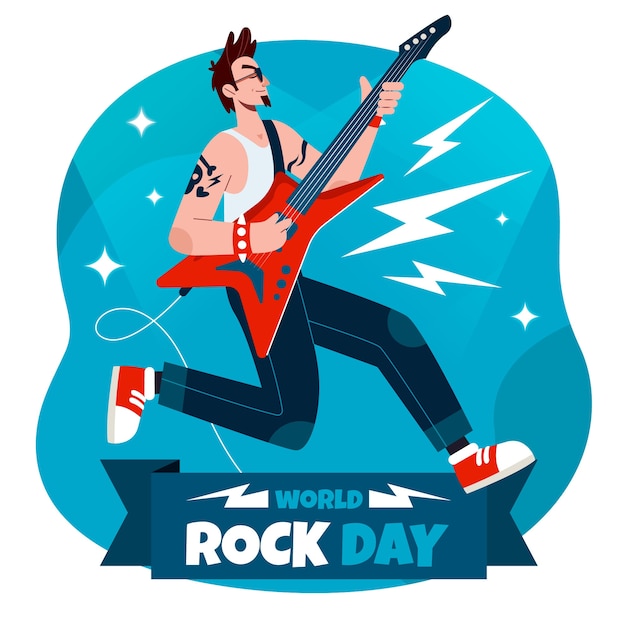 Kostenloser Vektor flache world rock day illustration mit musiker, der gitarre spielt